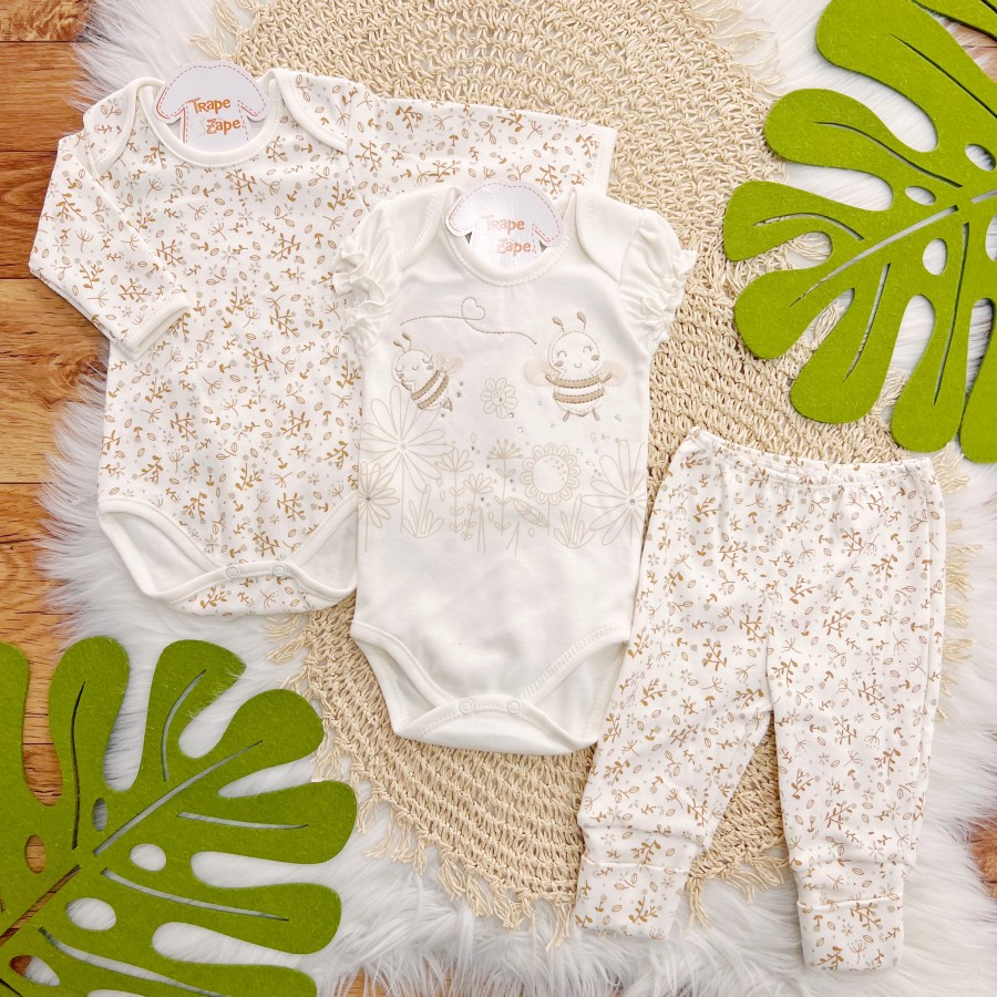 CONJ. DE MALHA 3 PEÇAS - Abelha Fofa com Tule - Off White e Ferrugem